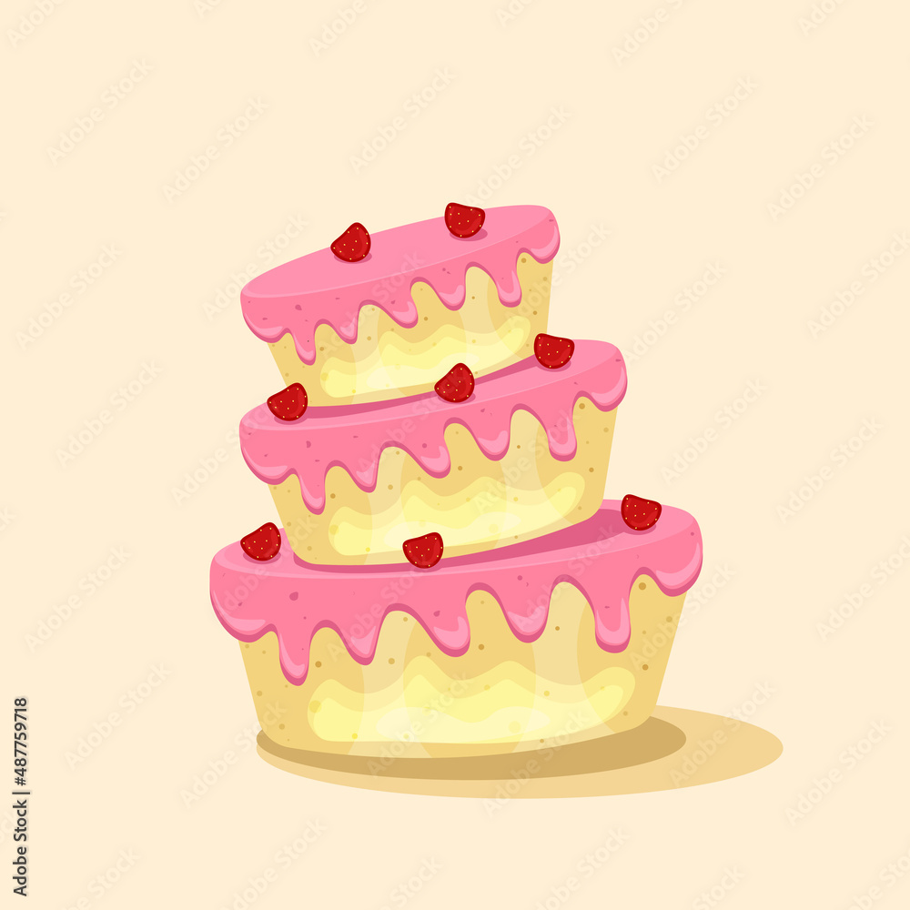 Birthday cake with chocolate creme, red cherries fruits. Sweet dessert food for holiday celebration or children party. Vector illustration. Birthday cake with chocolate creme, red cherries fruits. Sweet dessert food for holiday celebration or children party. Vector illustration.