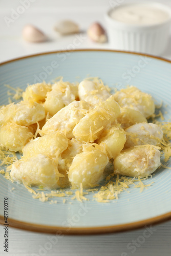 Concept of tasty food with potato gnocchi, close up