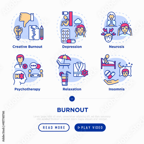 Emotional burnout set. Thin line icons. Working fatigue, job stress, depression, frustration, feeling of emptiness, creative burnout, psychotherapy, insomnia, mental exhaustion. Vector illustration