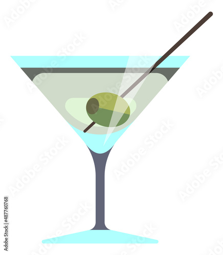 Martini glass with olive. Classic bar drink in cartoon style