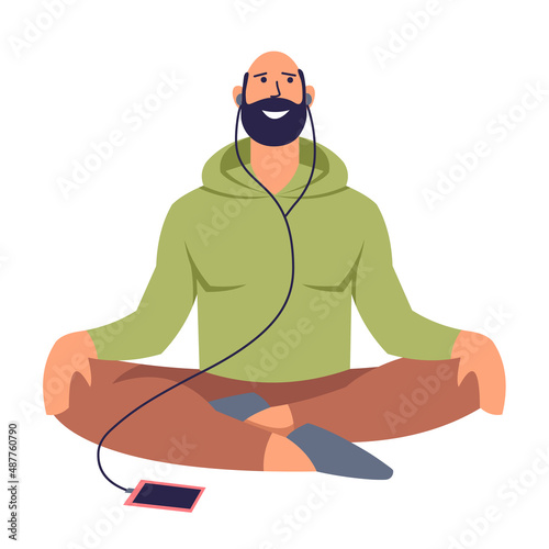 Bearded man meditates in headphones and with a mobile phone. Happy man sitting in lotus position. A scene of meditation, relaxation and positive emotions. Flat design isolated on white background. 