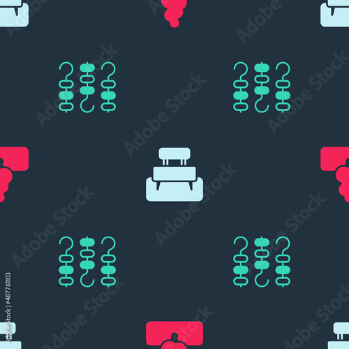 Set Tree, Bench and Grilled shish kebab on skewer on seamless pattern. Vector