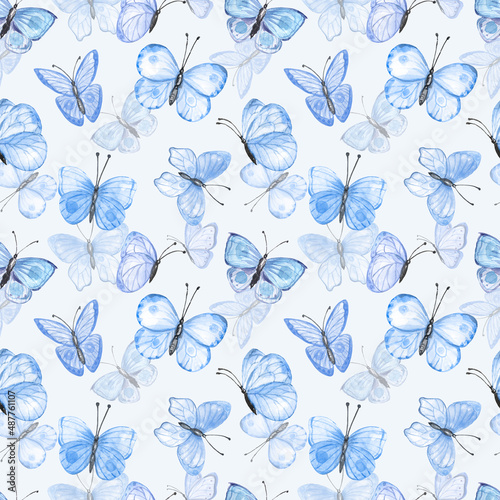 Watercolor blue butterflies seamless pattern. Pastel blue butterfly print. Hand painted illustration. Nursery wallpaper, spring themed design.