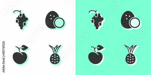 Set Pineapple, Grape fruit, Peach or nectarine and Coconut icon. Vector