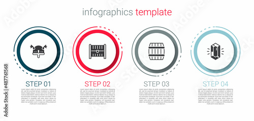 Set Viking in horned helmet, Antique treasure chest, Wooden barrel and Gem stone. Business infographic template. Vector