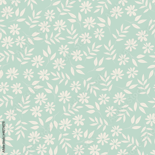 Cute little flowers seamless pattern. White flowers on a gray floral background. Botanical vector illustration. Liberty style. Garden plants are repetitive.
