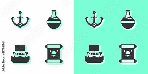 Set Decree, parchment, scroll, Anchor, Viking ship Drakkar and Bottle with potion icon. Vector