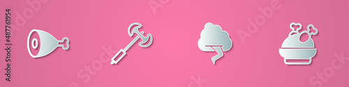 Set paper cut Chicken leg, Medieval poleaxe, Cloud and lightning and Roasted turkey or chicken icon. Paper art style. Vector