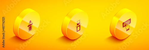 Set Isometric Auction auctioneer sells, ancient vase and Bid icon. Vector