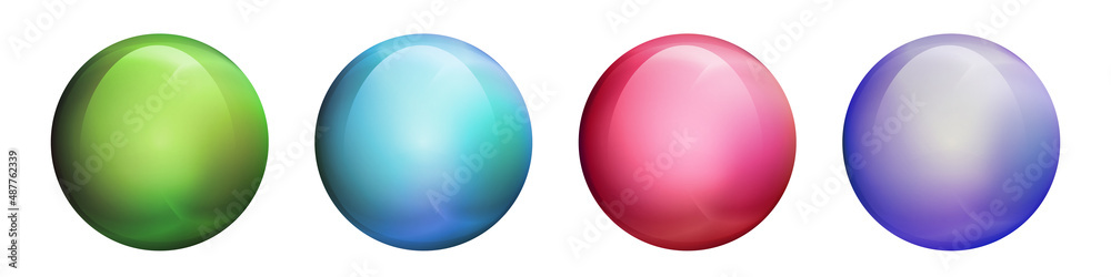 Fototapeta premium Set with glass colorful balls. Glossy realistic ball, 3D abstract vector illustration highlighted on a white background. Big metal bubble with shadow