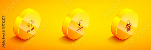 Set Isometric Hands in praying position, Grave with tombstone and Church pastor preaching icon. Vector