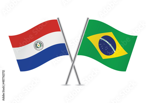 Paraguay and Brazil crossed flags. Paraguayan and Brazilian flags, isolated on white background. Vector icon set. Vector illustration.