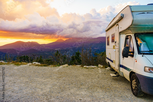 Fotografering Rv camper in mountains at sunset, France.