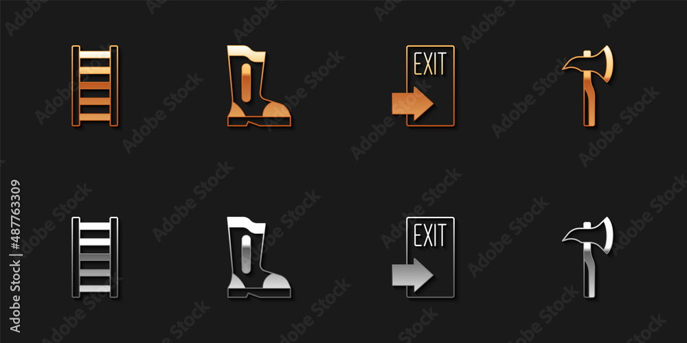 Set Fire escape, boots, exit and Firefighter axe icon. Vector Set Fire escape, boots, exit and Firefighter axe icon. Vector