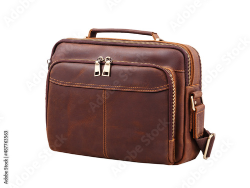Business leather briefcase isolated on white background. Side view.