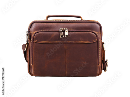 Modern brown leather briefcase isolated on white background.