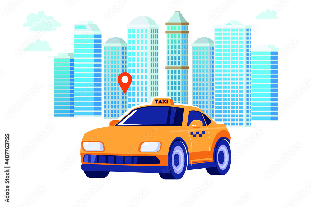 Poster with the machine yellow cab in the city. Public taxi service concept. Cityscape on the background. Flat vector illustration.