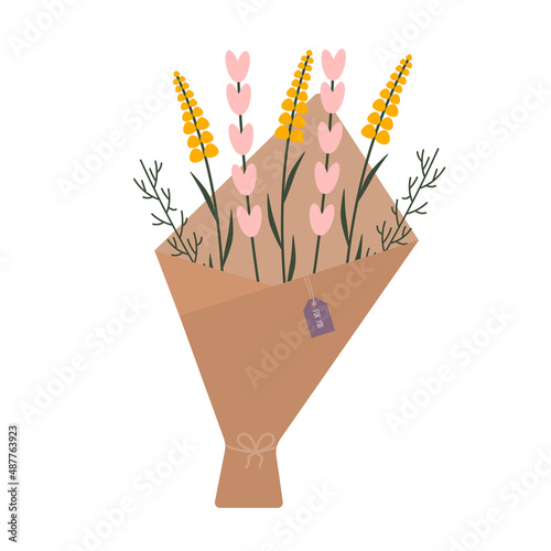 Simple flat botanical illustration in trendy collors. Hand drawn floristic composition for the greeting card, 8 of March decoration, Easter, wedding gifts and invitation.