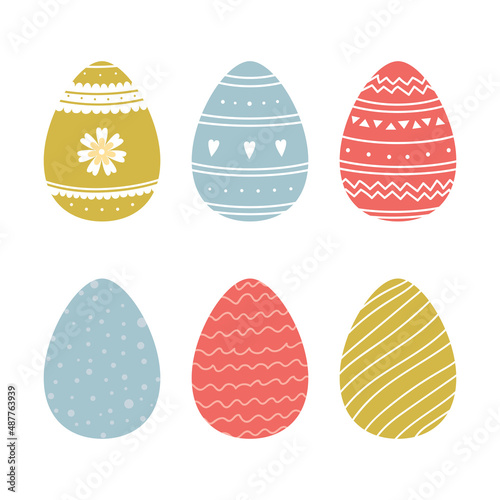 Set of simple Easter eggs with different pattern isolated on white background. Colorful cartoon vector illustration. Design element for greeting card, invitation, print