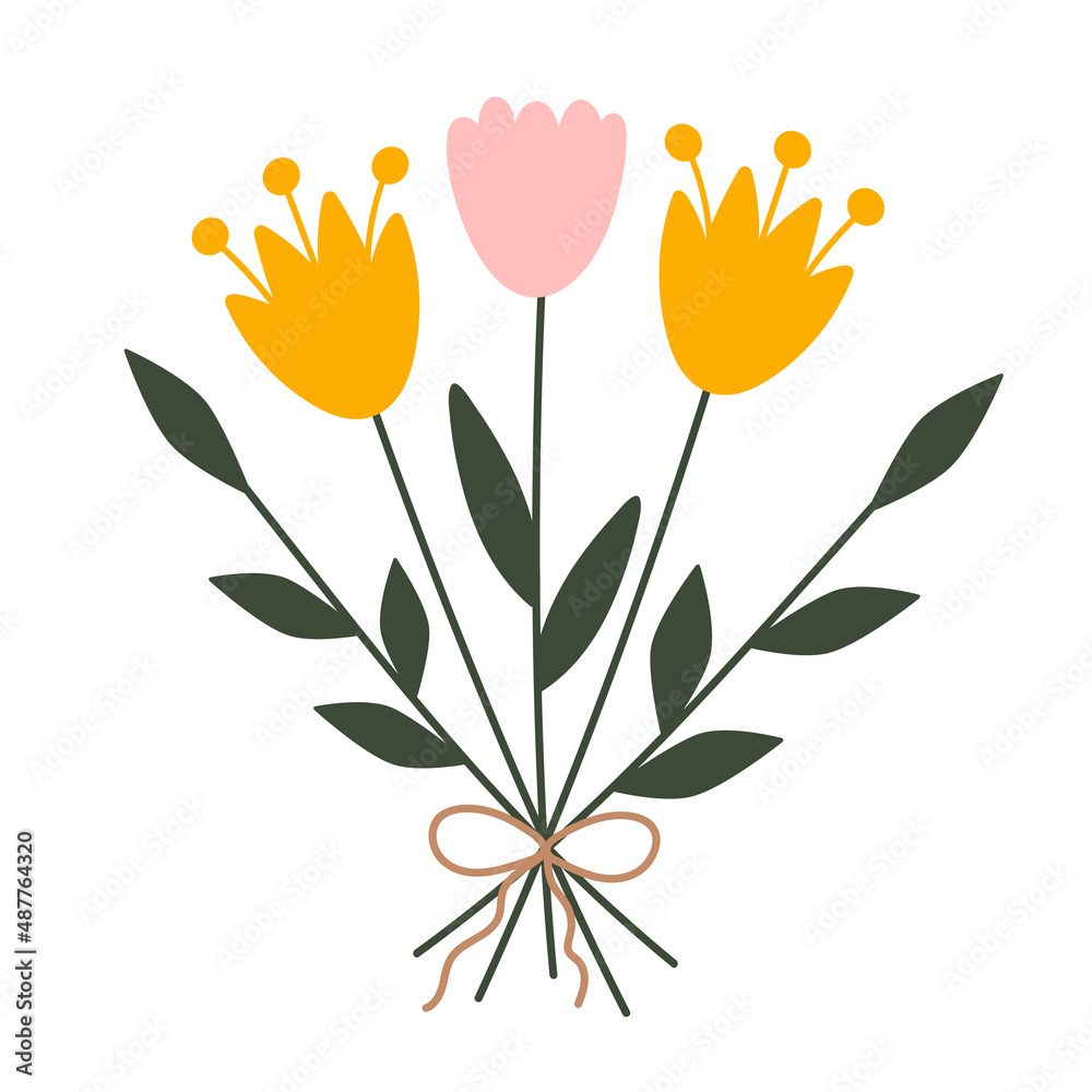 Hand drawn floral botanical illustration in scandinavian style. Cute vector illustration of bouquet of yellow garden flowers. For floristic shops, greeting card, 8 of March decoration, logo invitation