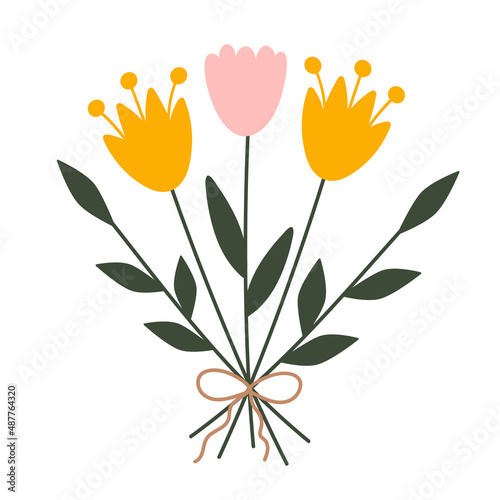 Hand drawn floral botanical illustration in scandinavian style. Cute vector illustration of bouquet of yellow garden flowers. For floristic shops, greeting card, 8 of March decoration, logo invitation