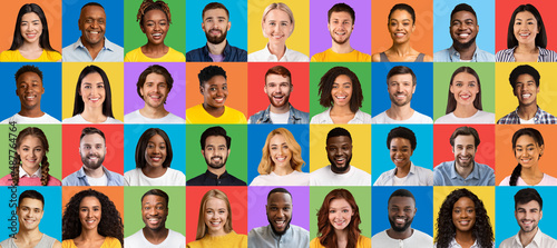 Multicultural community concept. Collage of smiling diverse people headshots over bright studio backgrounds, banner