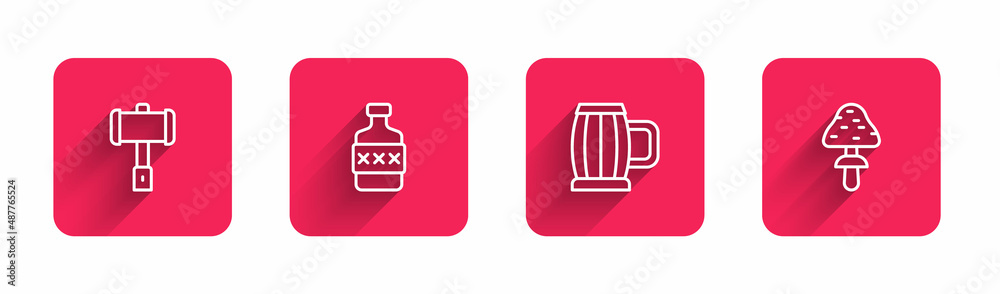 Set line Battle hammer, Whiskey bottle, Wooden beer mug and Mushroom with long shadow. Red square button. Vector Set line Battle hammer, Whiskey bottle, Wooden beer mug and Mushroom with long shadow. Red square button. Vector