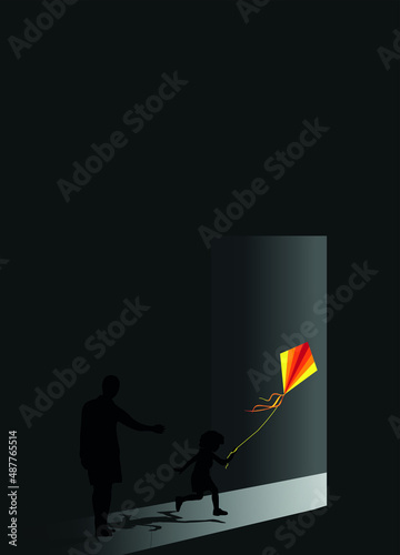 Light and shadow. Exit or Open Entrance. Light shining through open door. hope or solution concept. Father and his child girl with an multicolored Kite walking through the door leading to the light. 