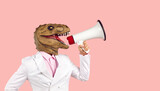 Man wearing dino mask yells in megaphone, side profile view studio portrait. Funny human dinosaur in suit promotes new product, shopping event, invites to party. Scary monster fights for animal rights