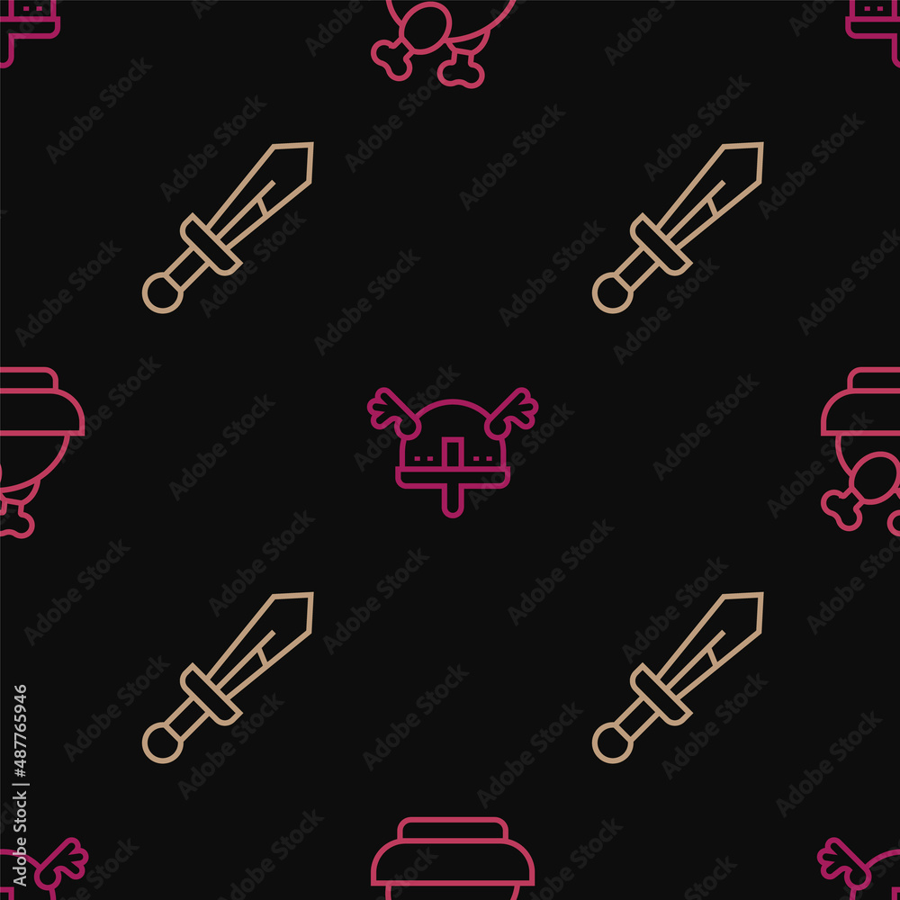 Set line Roasted turkey or chicken, Medieval sword and Viking in horned helmet on seamless pattern. Vector Set line Roasted turkey or chicken, Medieval sword and Viking in horned helmet on seamless pattern. Vector