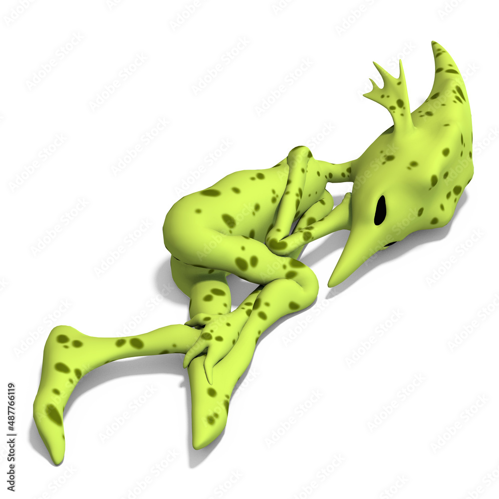 Naklejka premium 3D-illustration of a cute and funny cartoon alien sleeping
