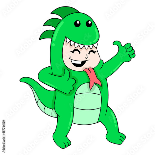 boy is wearing an entertaining dinosaur costume, doodle icon image kawaii