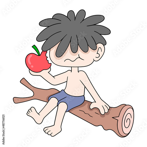boy is sitting eating apples, doodle icon image kawaii