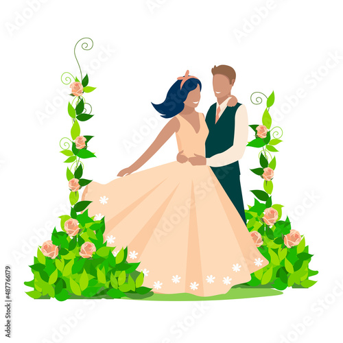 Happy bride and groom get married. Flat vector illustration of enamored man and woman in wedding clothes. Together forever. on an abstract background with hearts.
