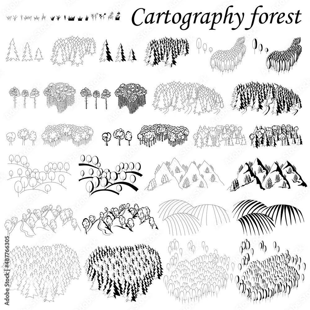 Cartography. Elements for creating maps fantasy or games. Wood and  mountains with forests. Black and white hand drawn set. Векторный объект  Stock | Adobe Stock