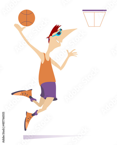 Man plays basketball isolated. Cartoon man basketball player throws a ball to the basket © bigmen
