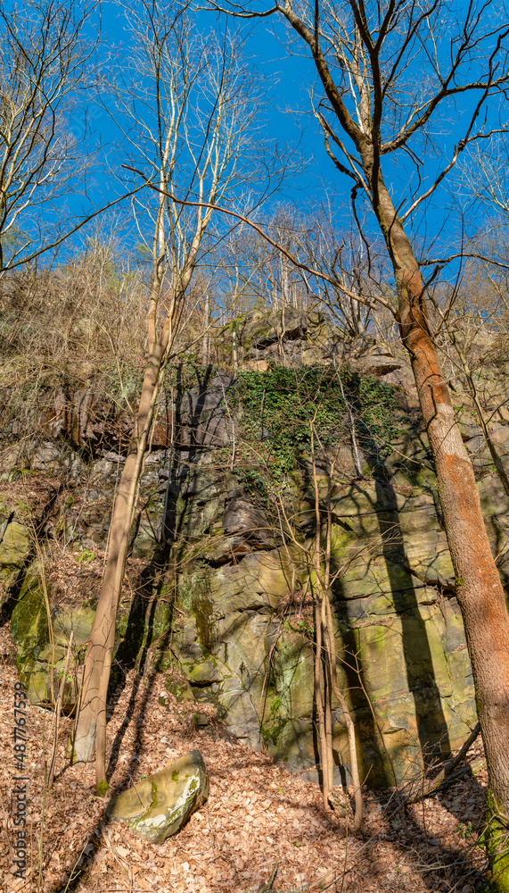 View over magical deciduous forest, rocky granite hills landscape at riverside of Zschopau river near Mittweida town, Saxony, Germany, at warm sunset and blue sky.