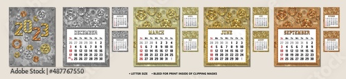Wall monthly calendar 2023 in English with cover. Template of Letter size. Week starts from Sunday. Bold readable numbers, bleed for print. Vector illustration in vintage steampunk style.