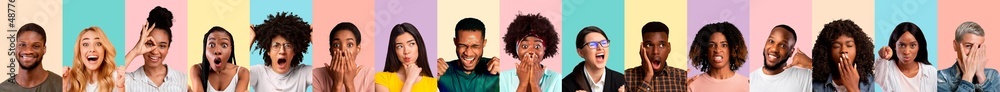 Multiracial people posing on colorful backgrounds, set of emotional photos Multiracial people posing on colorful backgrounds, set of emotional photos