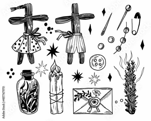 A set of vector occult elements. A magic set for sorceresses. Hand-drawn dolls, buttons, needles, candles, herbs, glass bottle, envelope, stars, dots.