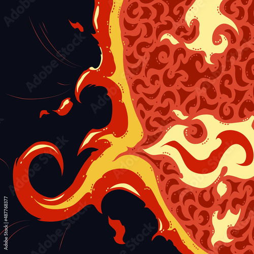 Sun surface with solar flares close up, vector illustration