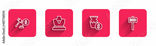 Set line Auction hammer price, jewelry sale, ancient vase and Hand holding auction paddle with long shadow. Red square button. Vector