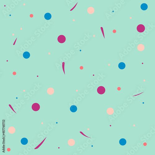 Blue, pink and purple dots and commas pattern on yellow background. Texture pattern for napkins, fabric, shirts, dresses, bedding, blankets, tablecloths and other textiles. Template for ornament.