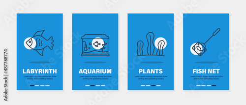 Vertical blue banner set about fish and underwater life. Fish on blue banner illustration for brochure and mobile app. Flyer design template for fauna with aquarium, algae and fish linear illustration photo