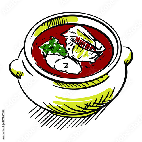 Vector sketch of Ukrainian national cuisine. Illustration of borscht in a pot