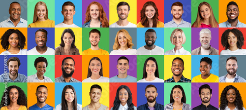 Mosaic of multiethnic people portraits expressing positivity, smiling and looking at camera on colorful backgrounds