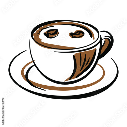 Vector sketch of a cup of cappuccino with white milk foam and chocolate on a white background