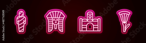 Set line Egypt mummy, Egyptian pharaoh, house and lotus. Glowing neon icon. Vector