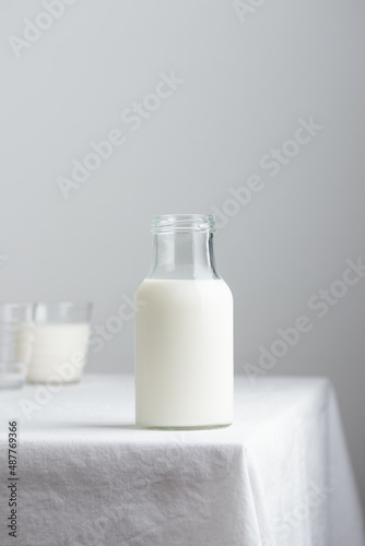 Fresh Milk on the table with white tablecloth