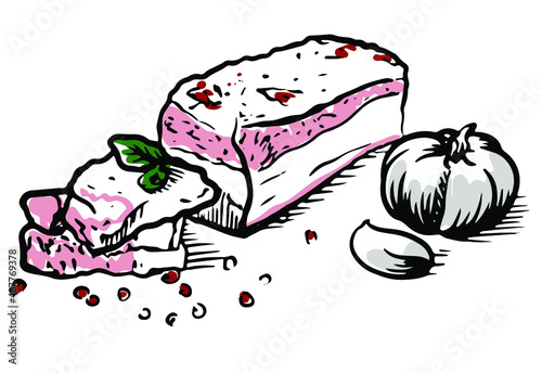 Vector illustration of Ukrainian national cuisine. hand drawing Salo with garlic on a wooden board.
